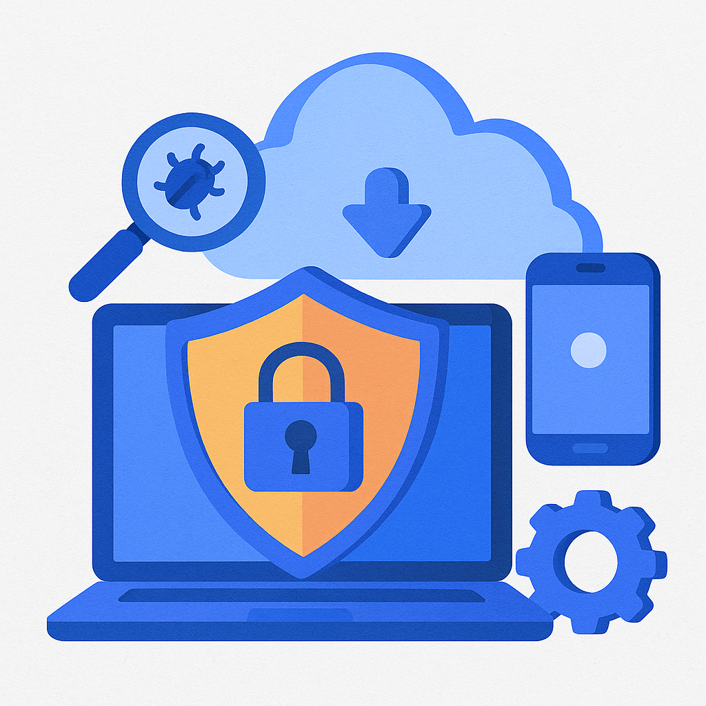 Animated laptop with security shield and other tools in front