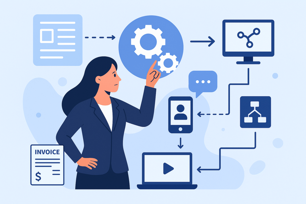 Cartoon picture of a Woman pointing to AI automation systems