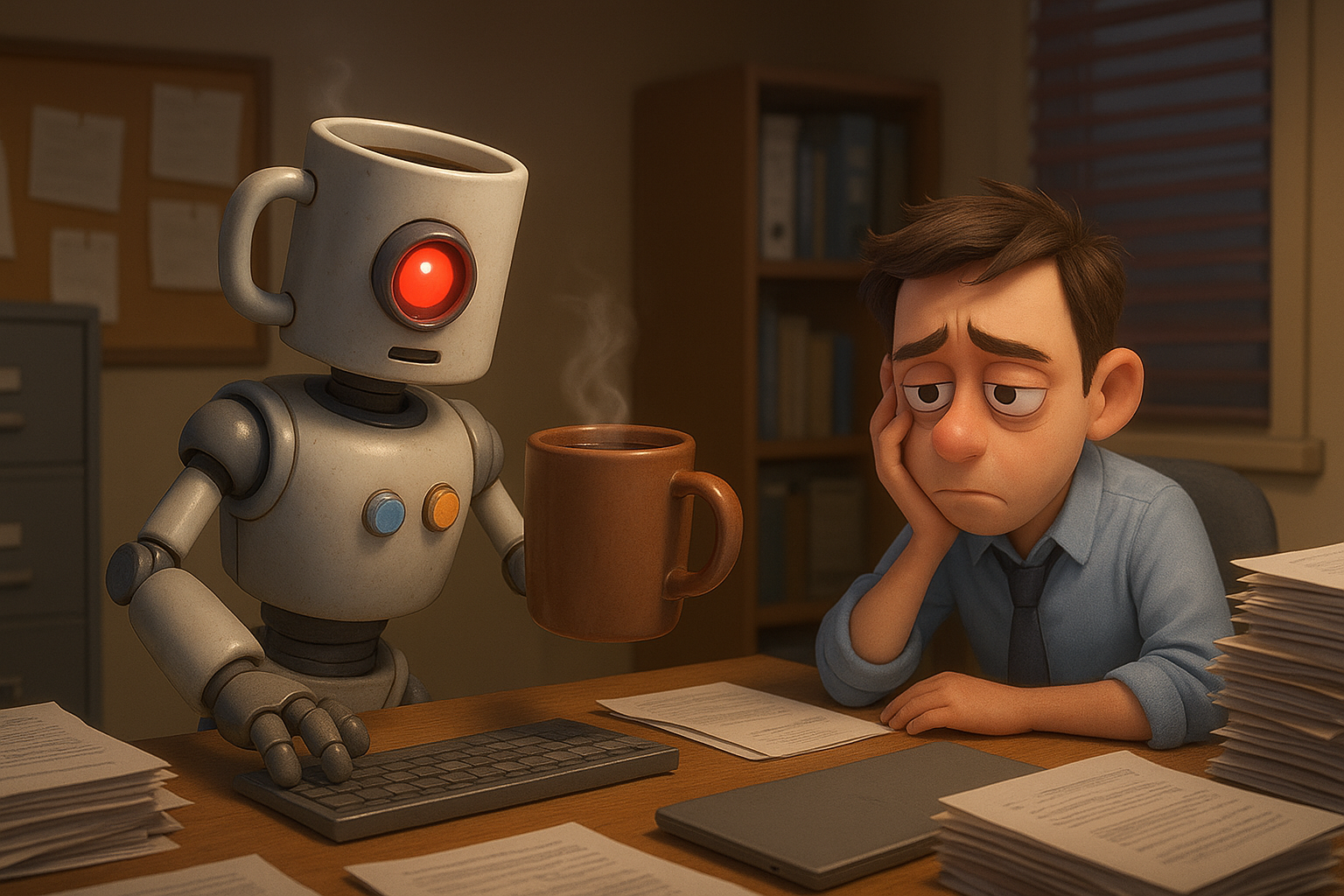 Coffee powered robot with a sad worker