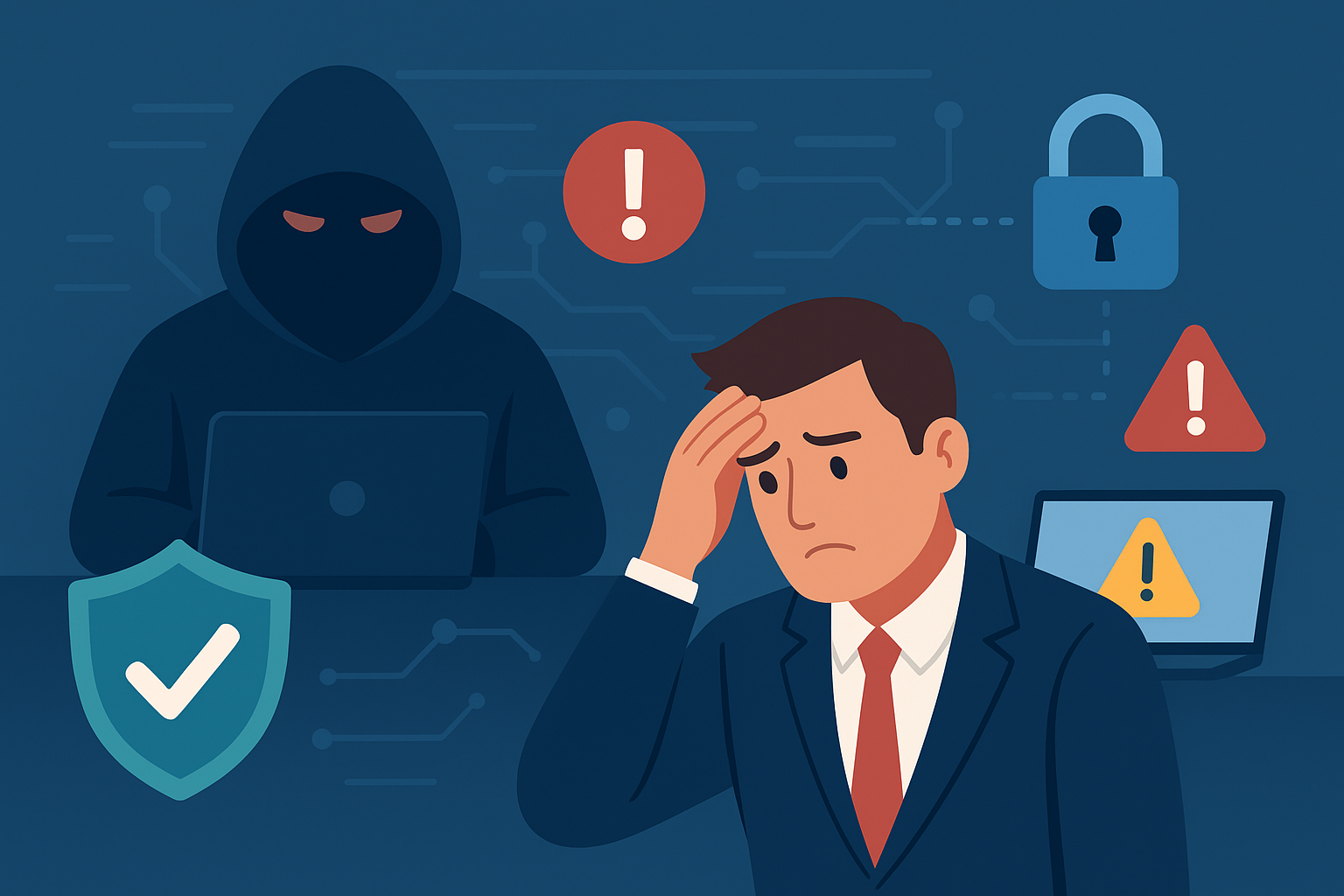 Animated picture of a man that is stressed with a hacker in the background on his laptop