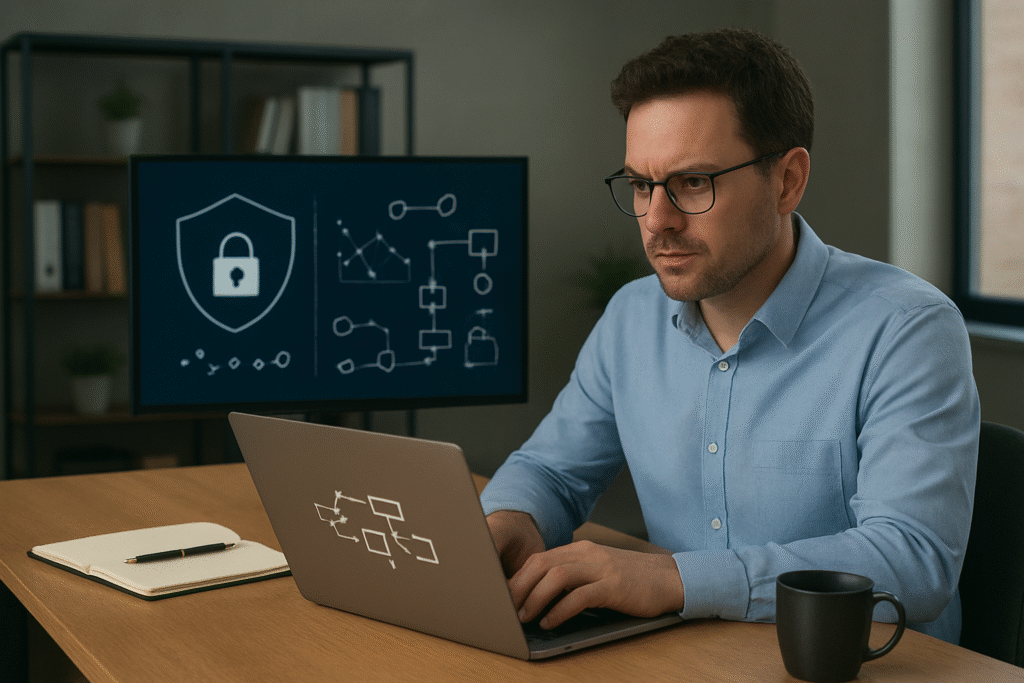 Man on laptop and implementing AI Automation workflows on a laptop