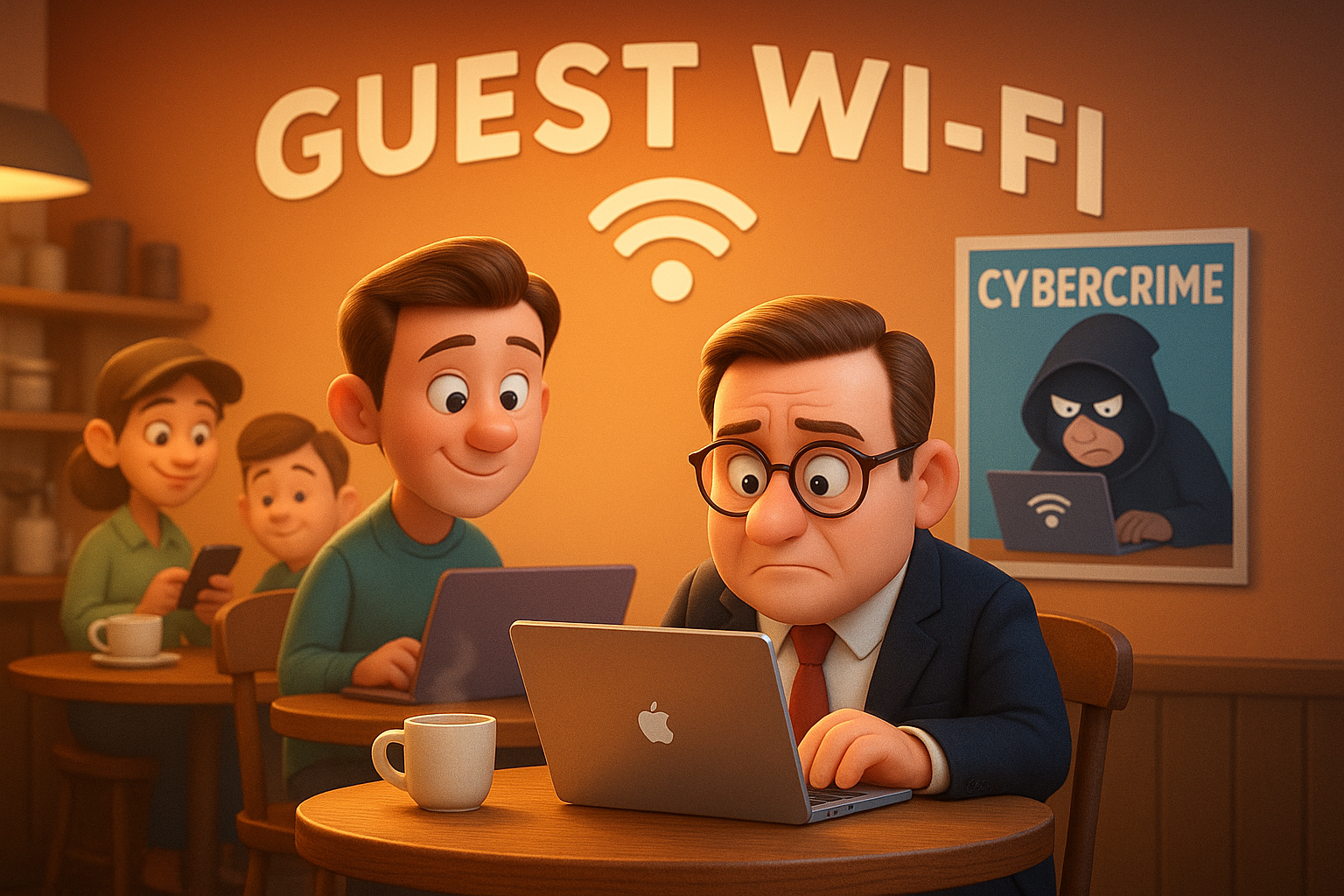 Coffee scene with people on their laptops on wifi