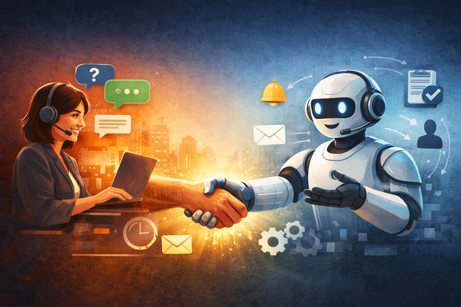 Image of AI Agent shaking hands with a human reprsenting customer service