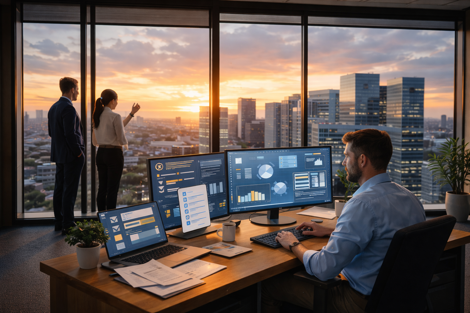 Furistic scen of man at computer with big window from a skyscraper in the background