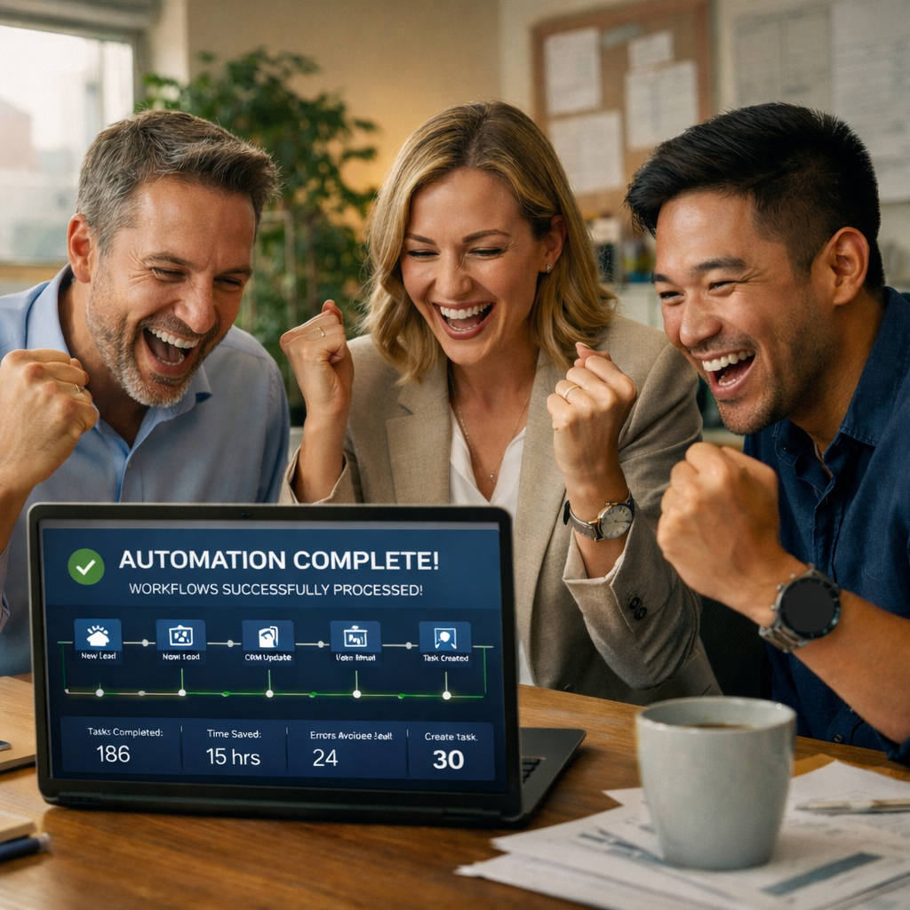 office workers celebrating ai automation workflow
