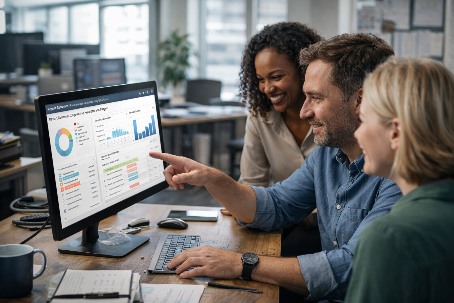 A man and two women looking at the a computer screen in an office location