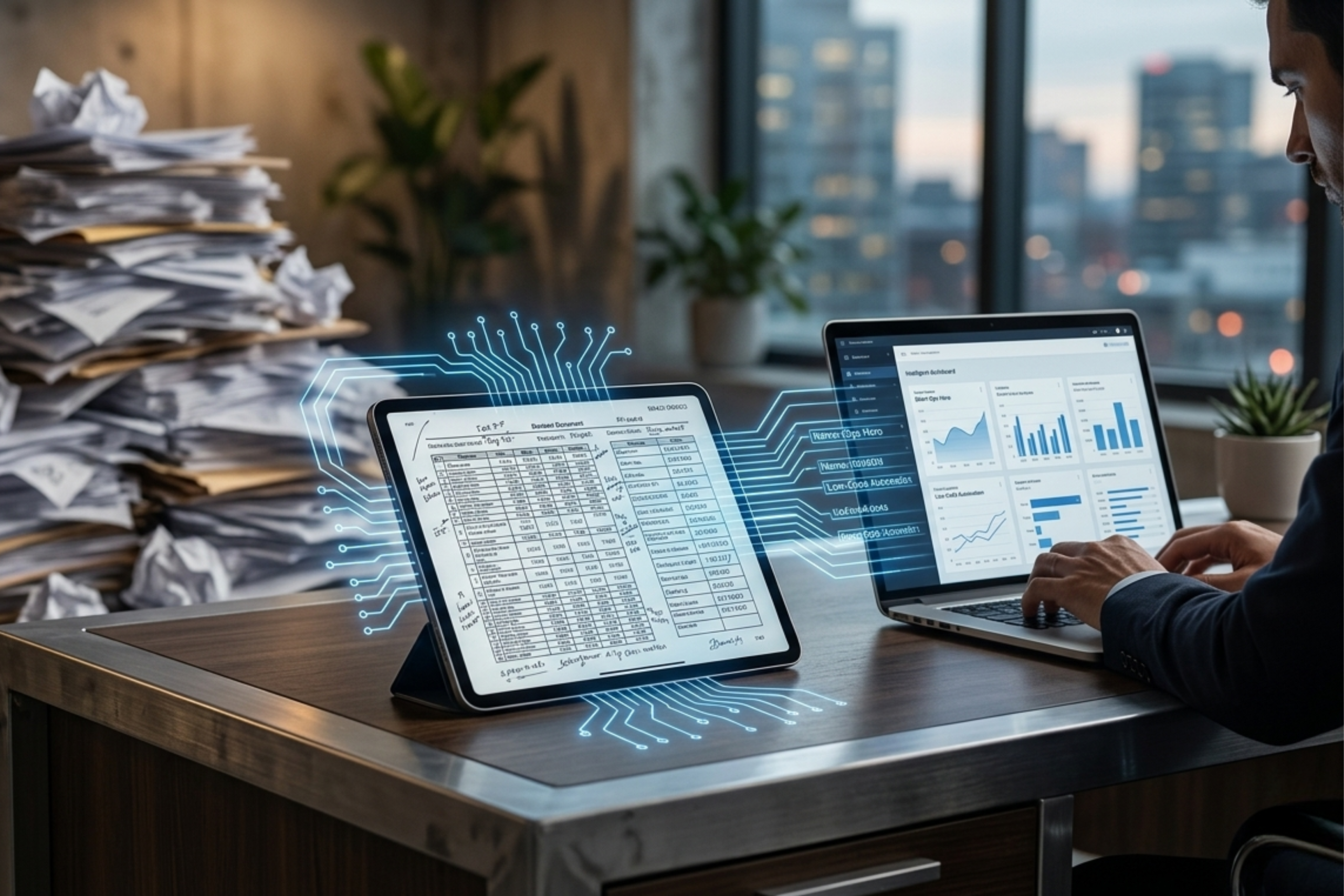 Big pile of papers on the floor and man at a desk running AI Tools