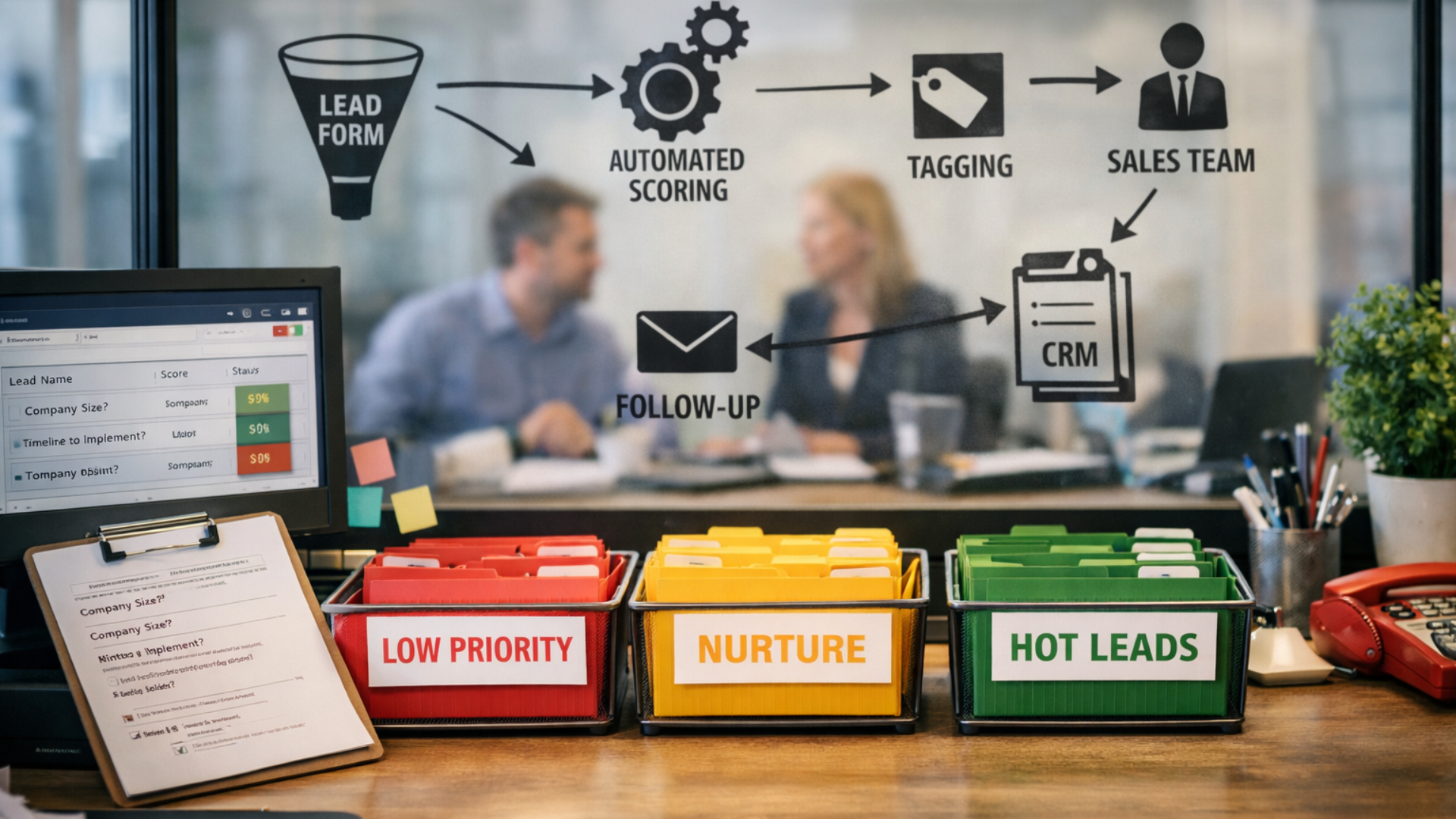 Man and women in background with an image in front of them and lead qualifying steps represented ib screen