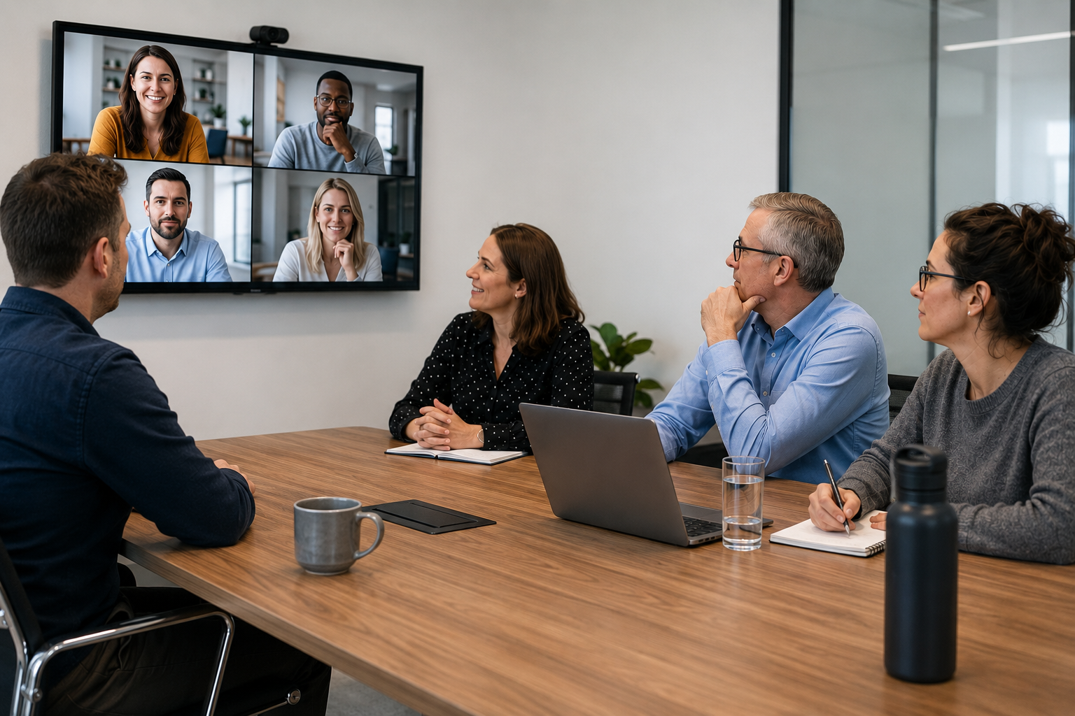 small team in office look at a teams call on big screen