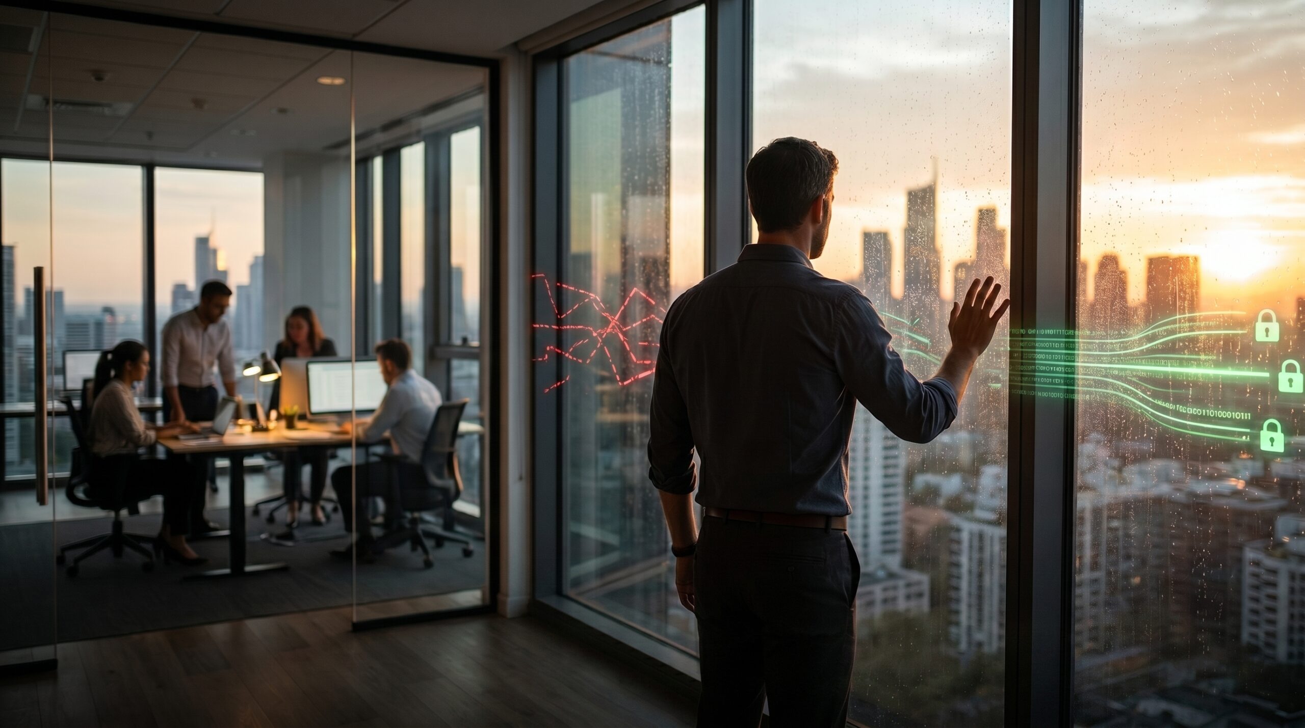 Office with IT issues and man looking out window